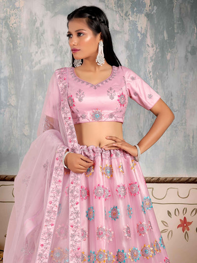 Odette Pink Soft Net Semi Stitched  Lehenga With Unstitched Blouse For Women