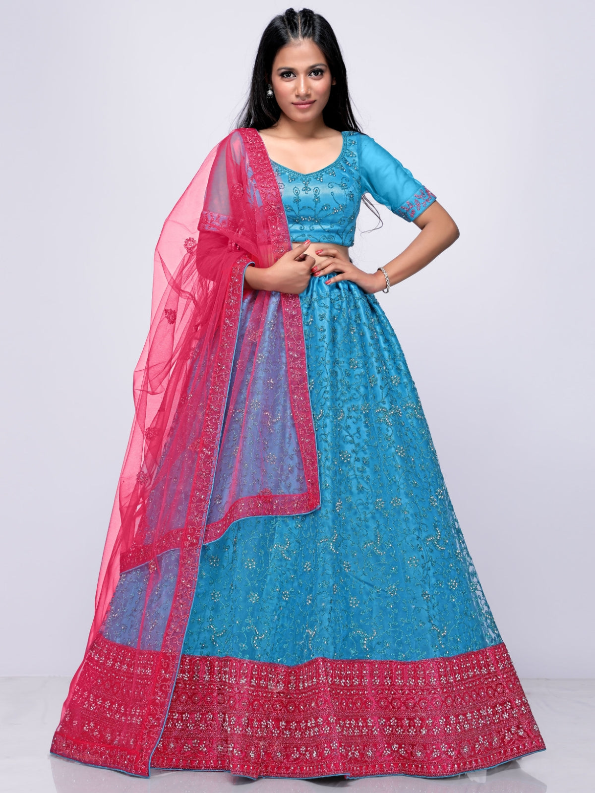 Odette Blue Soft Net Semi Stitched  Lehenga With Unstitched Blouse For Women