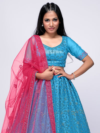 Odette Blue Soft Net Semi Stitched  Lehenga With Unstitched Blouse For Women