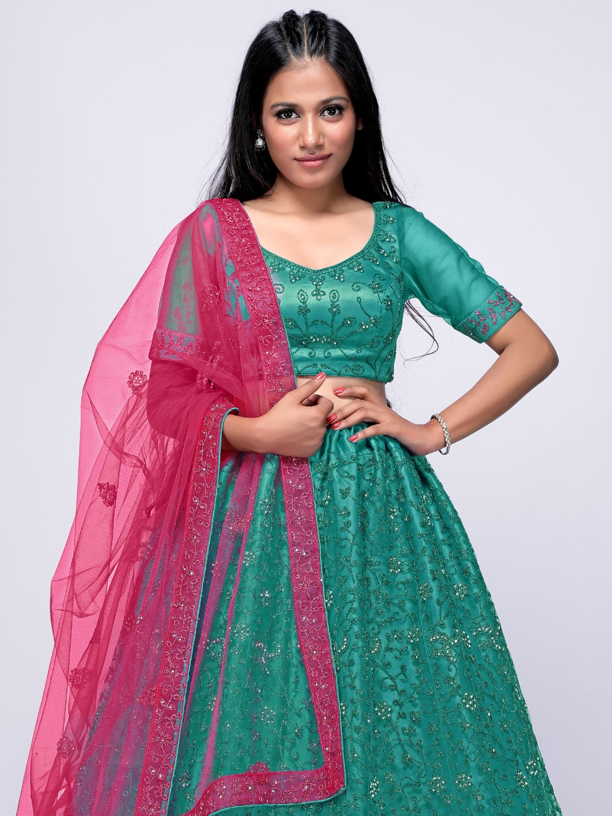 Odette Teal Soft Net Semi Stitched  Lehenga With Unstitched Blouse For Women