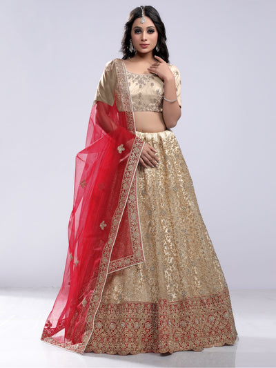 Odette Cream Soft Net Semi Stitched  Lehenga With Unstitched Blouse For Women