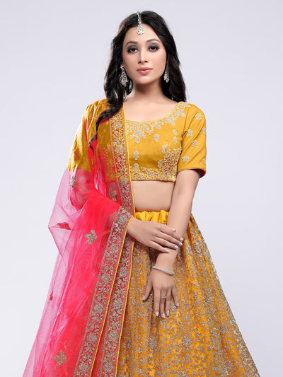 Odette Mustard Soft Net Semi Stitched  Lehenga With Unstitched Blouse For Women