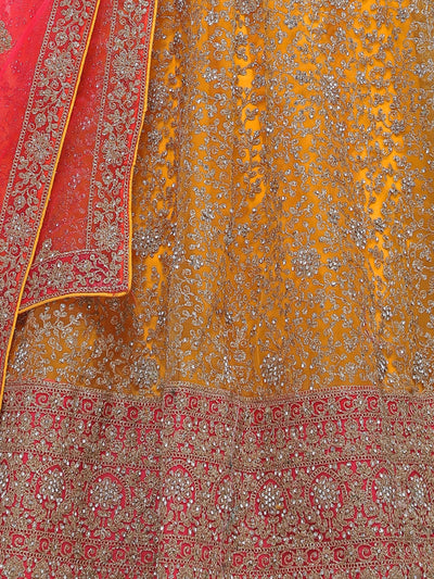 Odette Mustard Soft Net Semi Stitched  Lehenga With Unstitched Blouse For Women