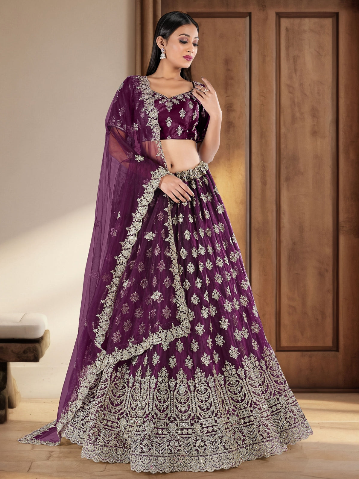 Odette Voilet Soft Net Semi Stitched  Lehenga With Unstitched Blouse For Women