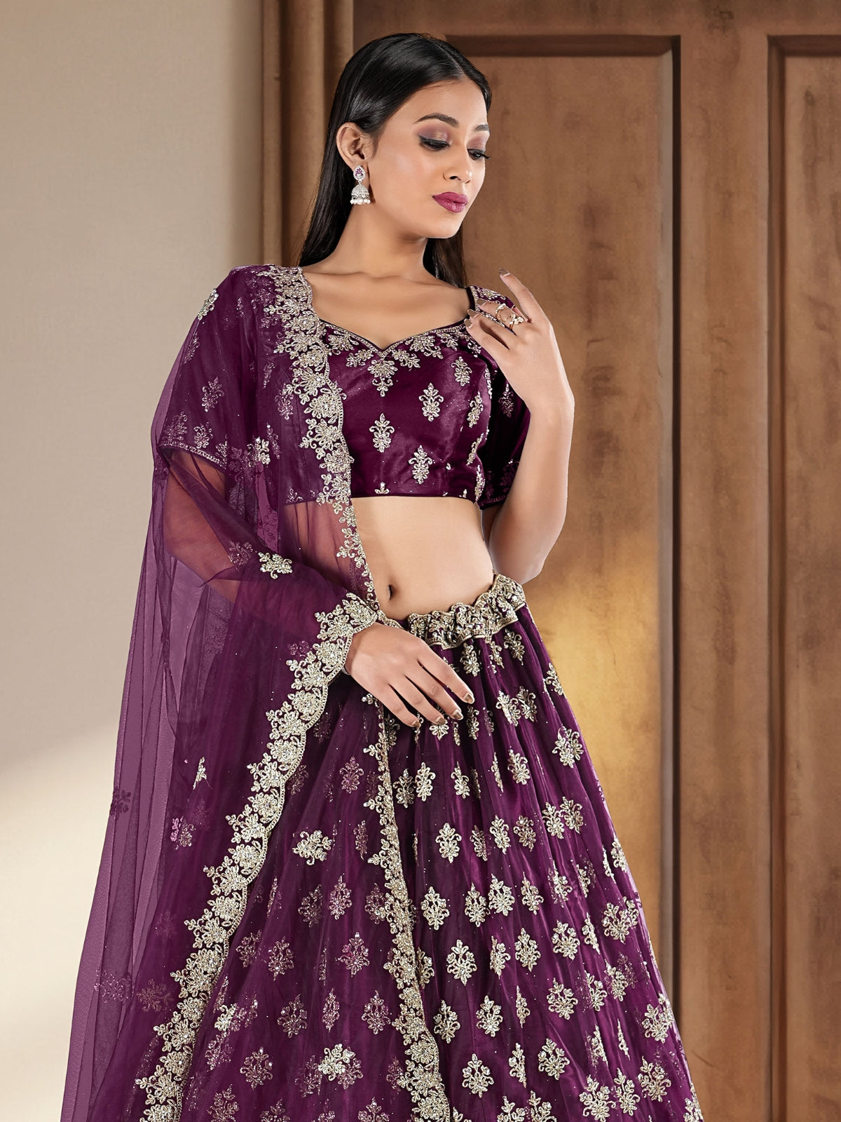 Odette Voilet Soft Net Semi Stitched  Lehenga With Unstitched Blouse For Women