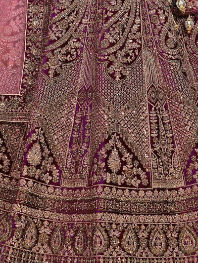 Odette Purple  Velvet Bridal Semi Stitched  Lehenga With Unstitched Blouse For Women