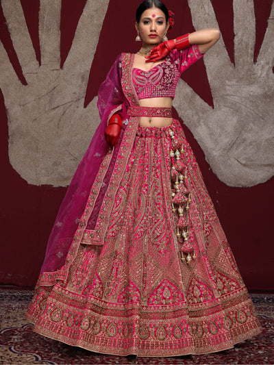 Odette Pink  Velvet Bridal Semi Stitched  Lehenga With Unstitched Blouse For Women