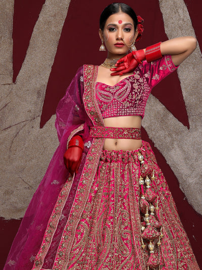 Odette Pink  Velvet Bridal Semi Stitched  Lehenga With Unstitched Blouse For Women