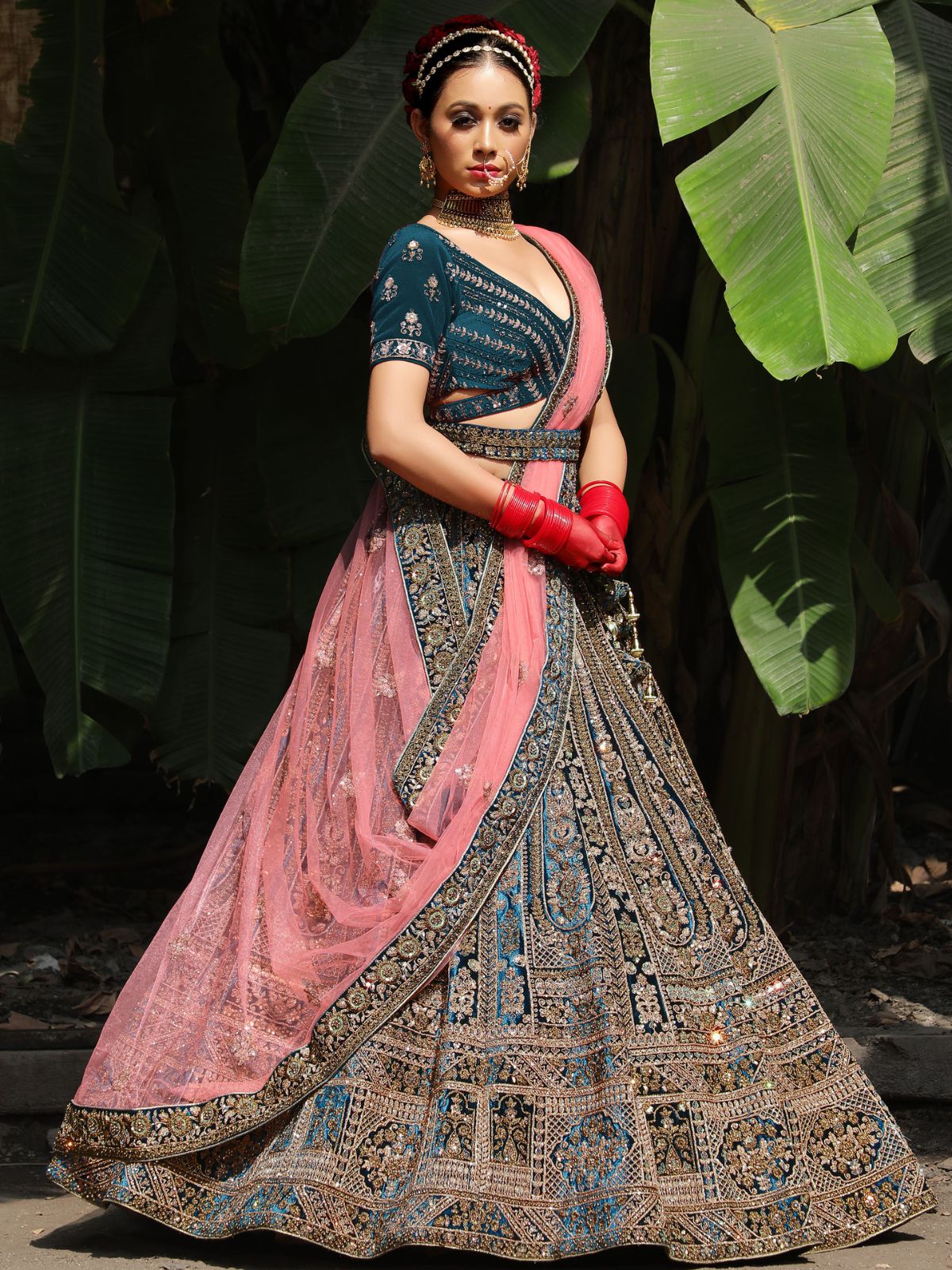 Odette Teal  Velvet Bridal Semi Stitched  Lehenga With Unstitched Blouse For Women