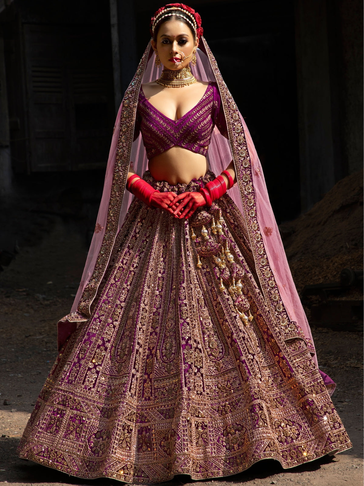 Odette Purple Velvet Bridal Semi Stitched  Lehenga With Unstitched Blouse For Women