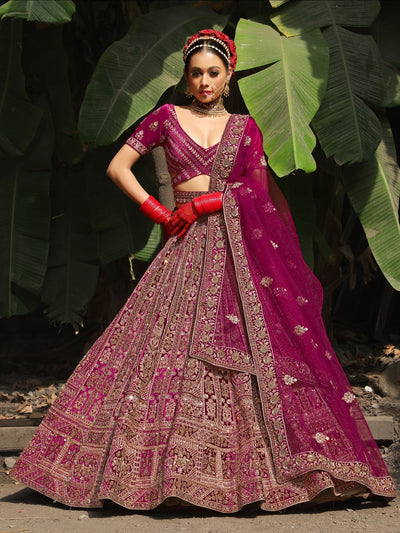 Odette Voilet  Velvet Bridal Semi Stitched  Lehenga With Unstitched Blouse For Women