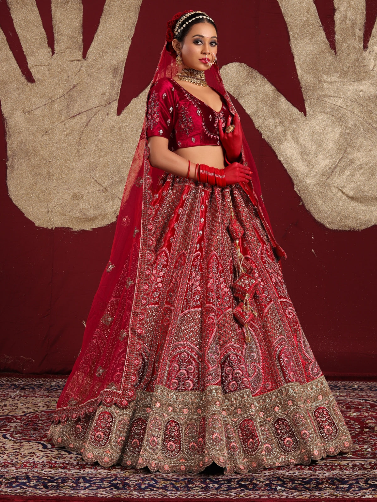 Odette Red  Velvet Bridal Semi Stitched  Lehenga With Unstitched Blouse For Women