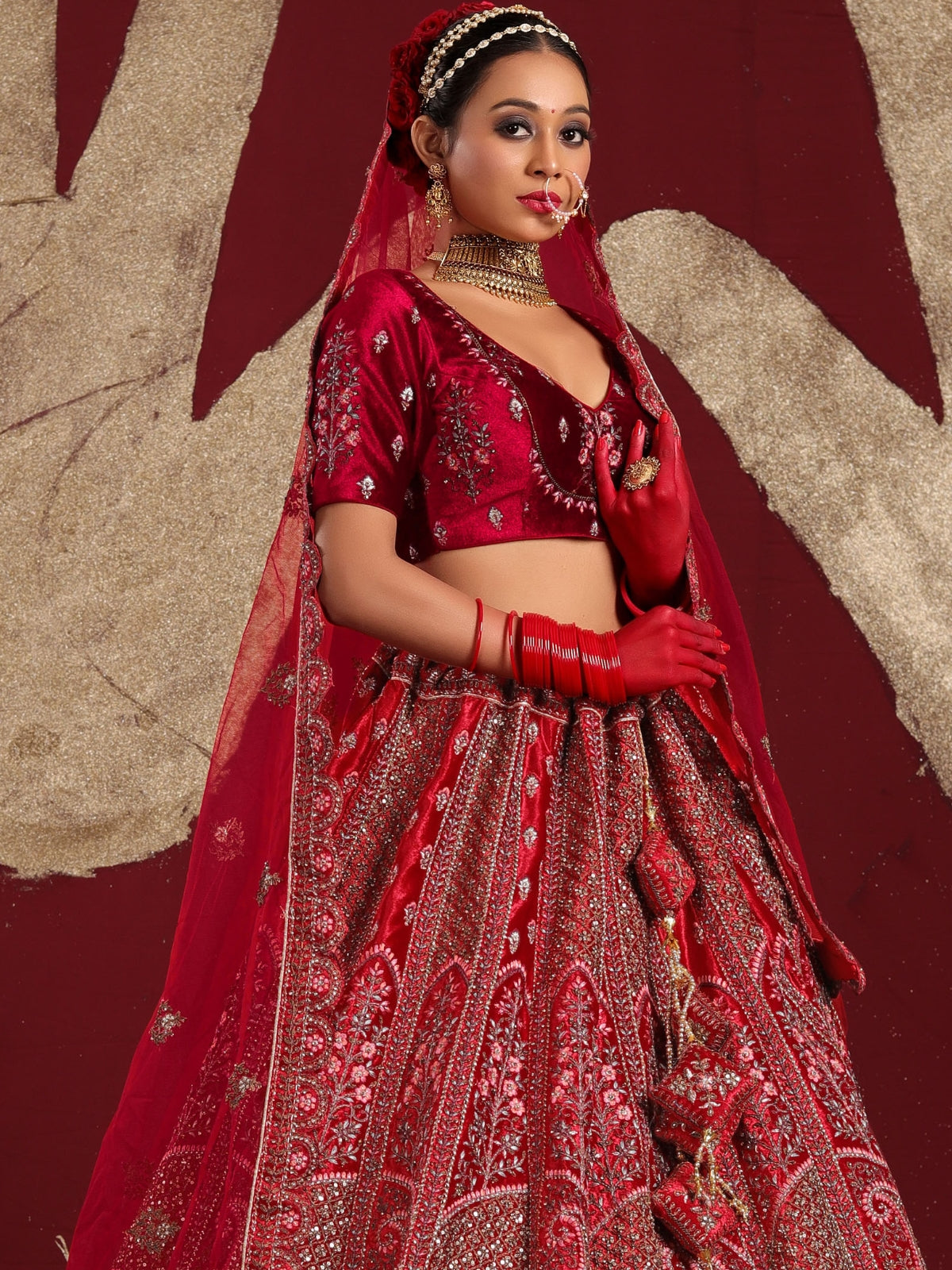 Odette Red  Velvet Bridal Semi Stitched  Lehenga With Unstitched Blouse For Women