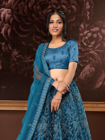 Odette Blue Soft Net Bridal Semi Stitched  Lehenga With Unstitched Blouse For Women