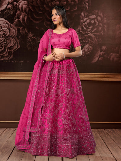 Odette Pink Soft Net Bridal Semi Stitched  Lehenga With Unstitched Blouse For Women