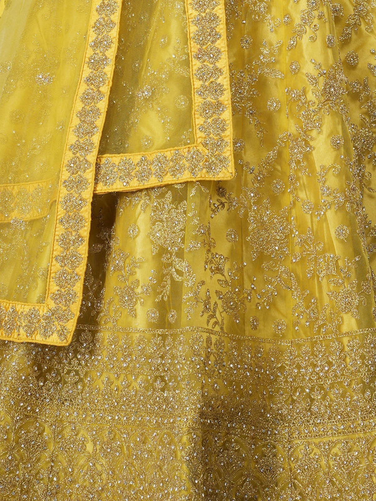 Odette Yellow Soft Net Bridal Semi Stitched  Lehenga With Unstitched Blouse For Women