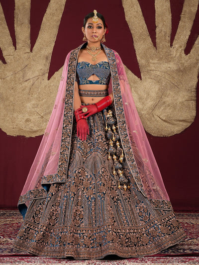 Odette Teal  Velvet Bridal Semi Stitched  Lehenga With Unstitched Blouse For Women