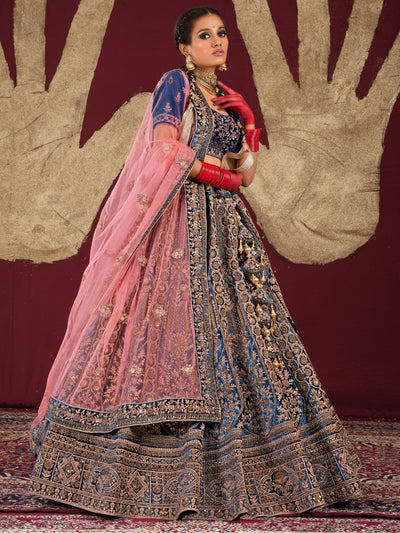 Odette Blue  Velvet Bridal Semi Stitched  Lehenga With Unstitched Blouse For Women