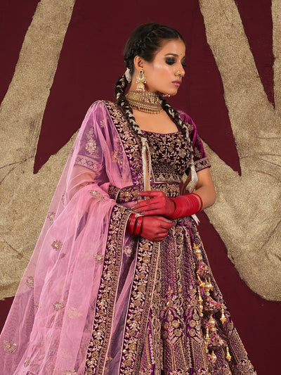 Odette Purple Velvet Bridal Semi Stitched  Lehenga With Unstitched Blouse For Women