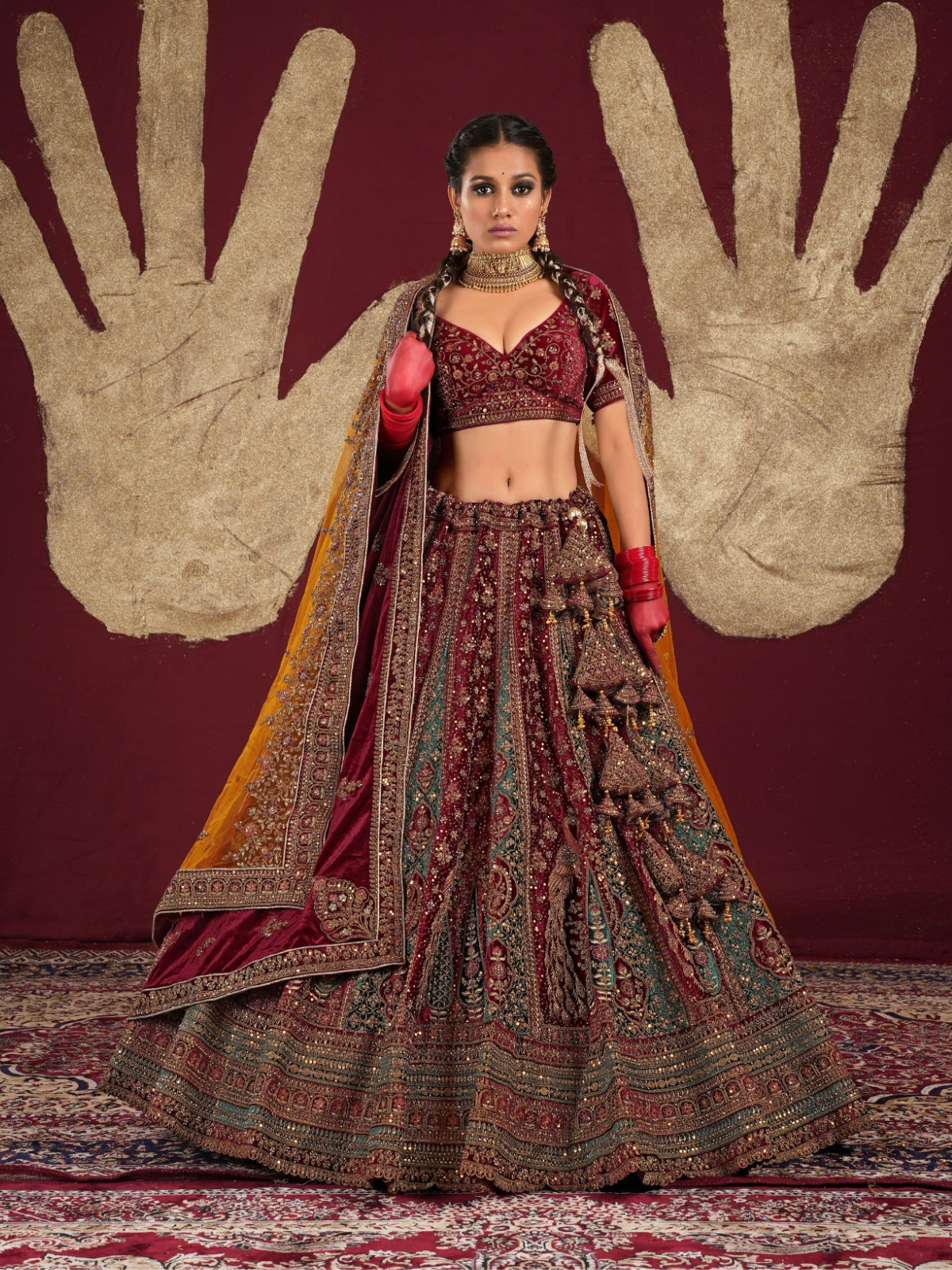 Odette Maroon  Velvet Bridal Semi Stitched  Lehenga With Unstitched Blouse For Women