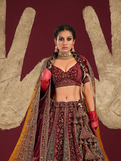 Odette Maroon  Velvet Bridal Semi Stitched  Lehenga With Unstitched Blouse For Women