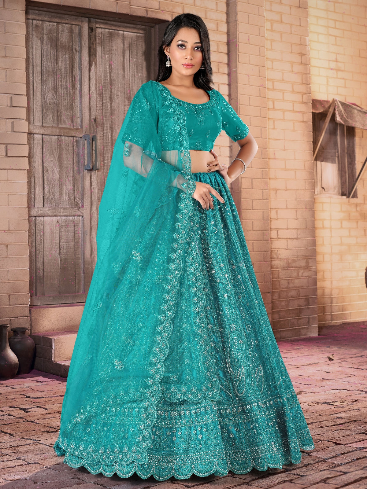Odette Blue Soft Net Bridal Semi Stitched  Lehenga With Unstitched Blouse For Women