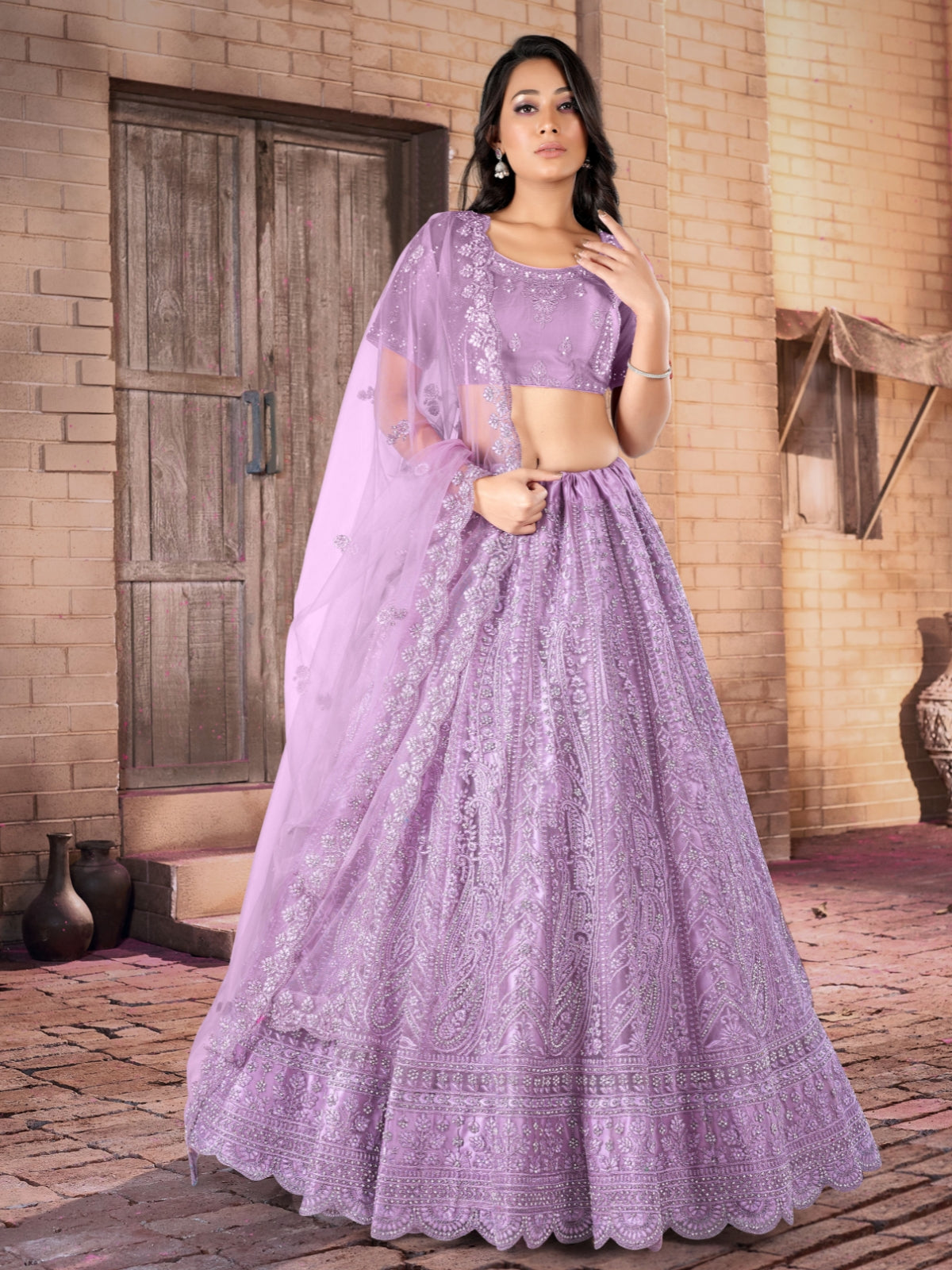 Odette Purple Soft Net Bridal Semi Stitched  Lehenga With Unstitched Blouse For Women