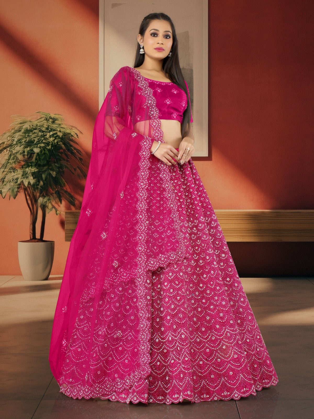 Odette Pink Soft Net Semi Stitched  Lehenga With Unstitched Blouse For Women