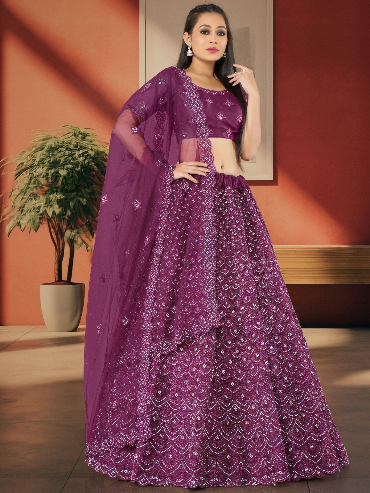 Odette Violet Soft Net Semi Stitched  Lehenga With Unstitched Blouse For Women