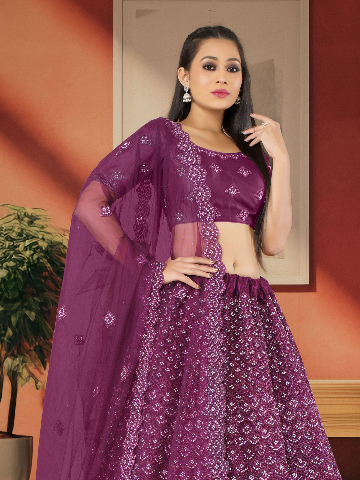 Odette Violet Soft Net Semi Stitched  Lehenga With Unstitched Blouse For Women