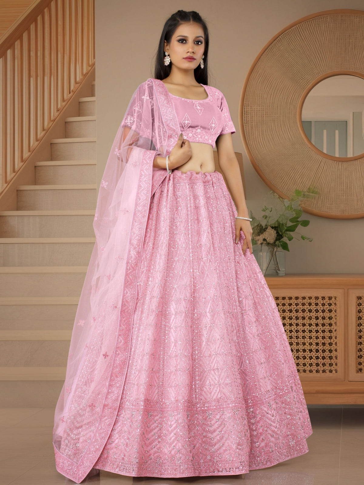 Odette Pink Soft Net Semi Stitched  Lehenga With Unstitched Blouse For Women
