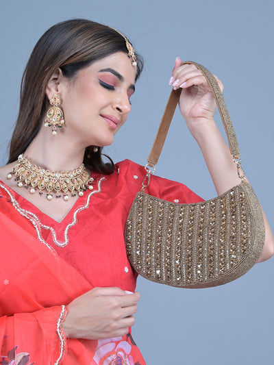 Odette Bronze Stone and Beads Embroidered Half Moon Hand Bag for Women