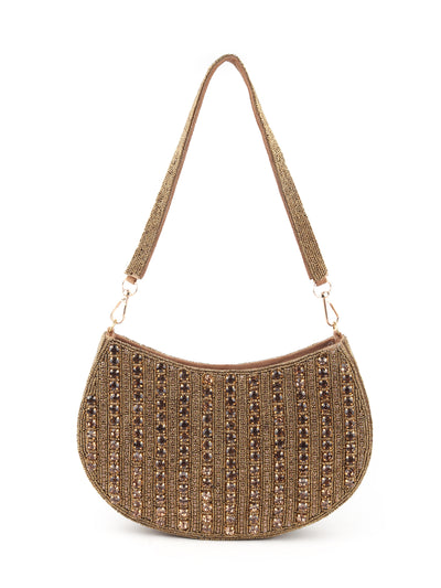 Odette Bronze Stone and Beads Embroidered Half Moon Hand Bag for Women