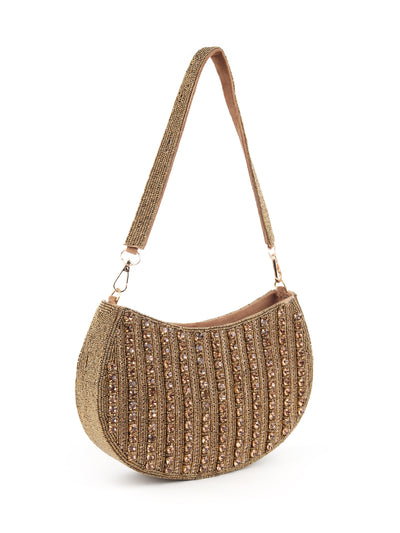 Odette Bronze Stone and Beads Embroidered Half Moon Hand Bag for Women