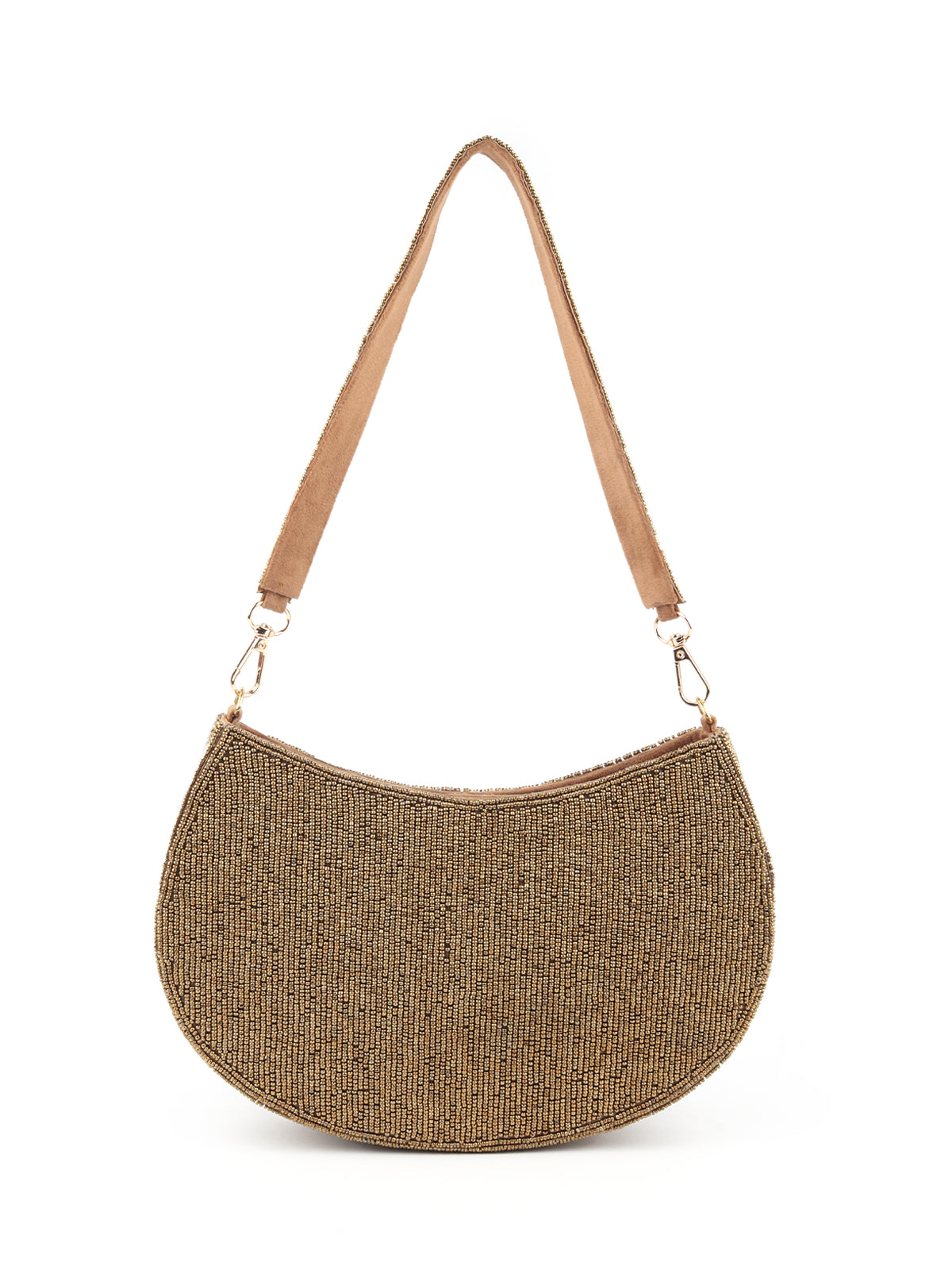 Odette Bronze Stone and Beads Embroidered Half Moon Hand Bag for Women