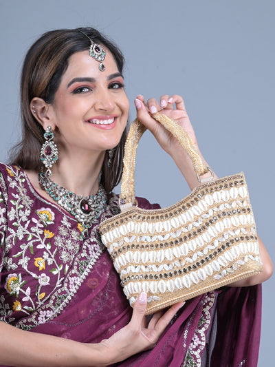 Odette Gold Shells and Beads Embroidered Clutch for Women
