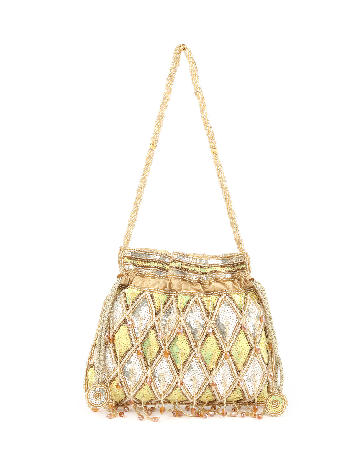 Odette Yellow and White Sequins Embroidered Tassels Potli Bag for Women