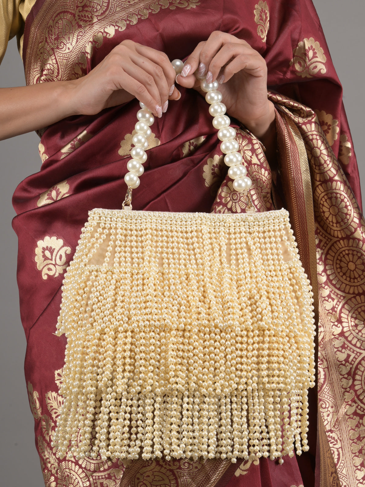 Odette Cream Full Pearls Embroidered Tassels Hand Bag for Women