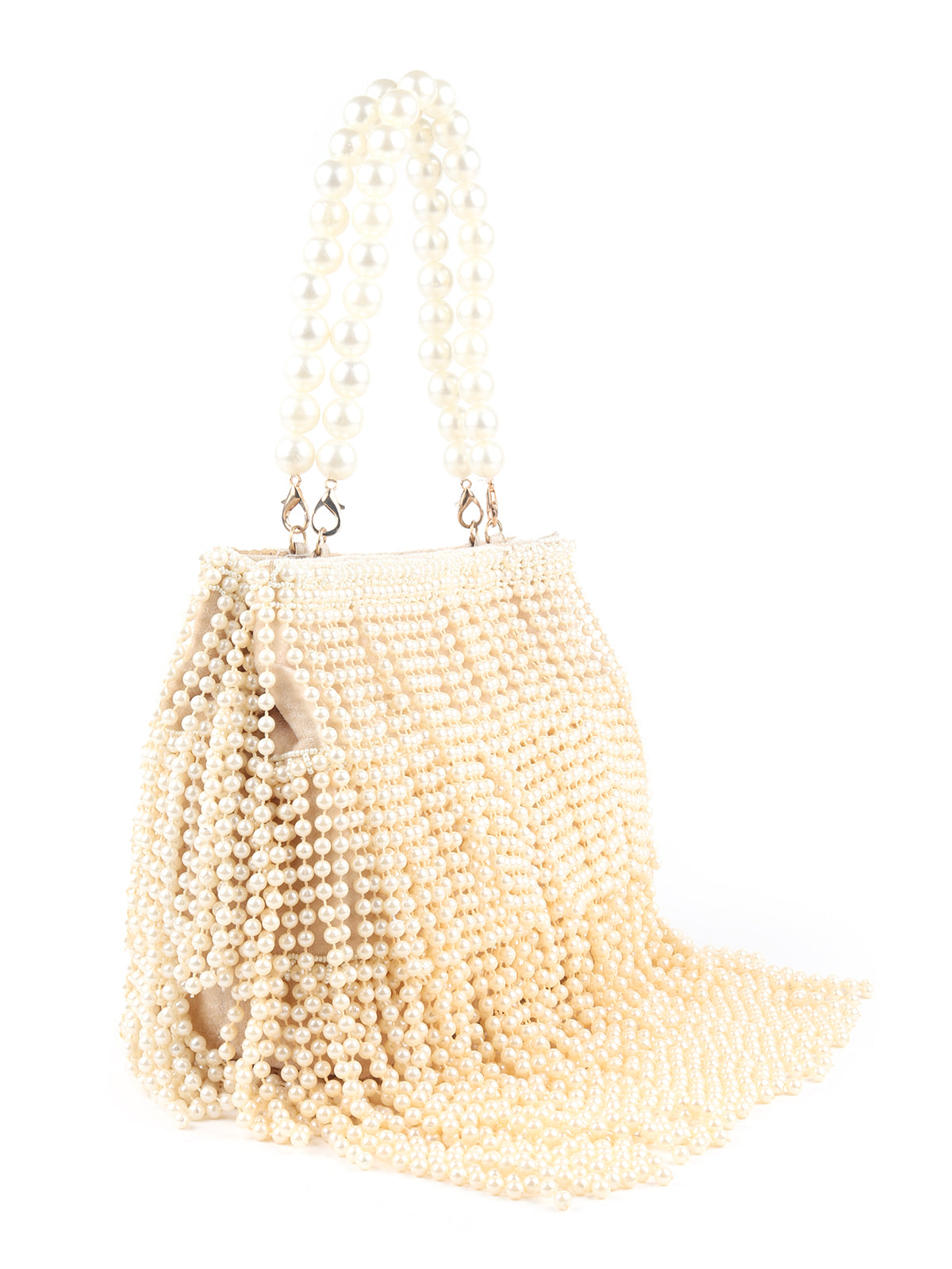 Odette Cream Full Pearls Embroidered Tassels Hand Bag for Women