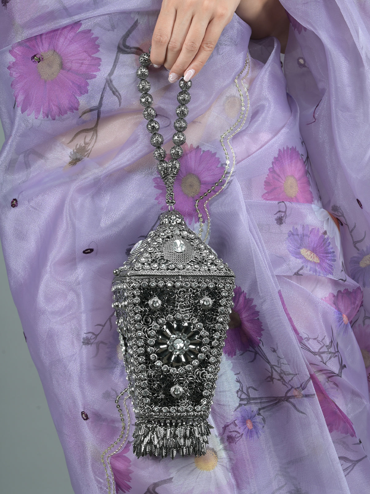 Odette Metallic Grey Embellished Clutch for Women