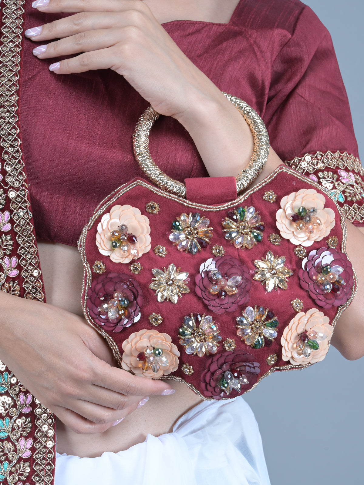 Odette Maroon Floral Embroidered Clutch for Women