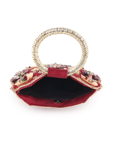Odette Maroon Floral Embroidered Clutch for Women