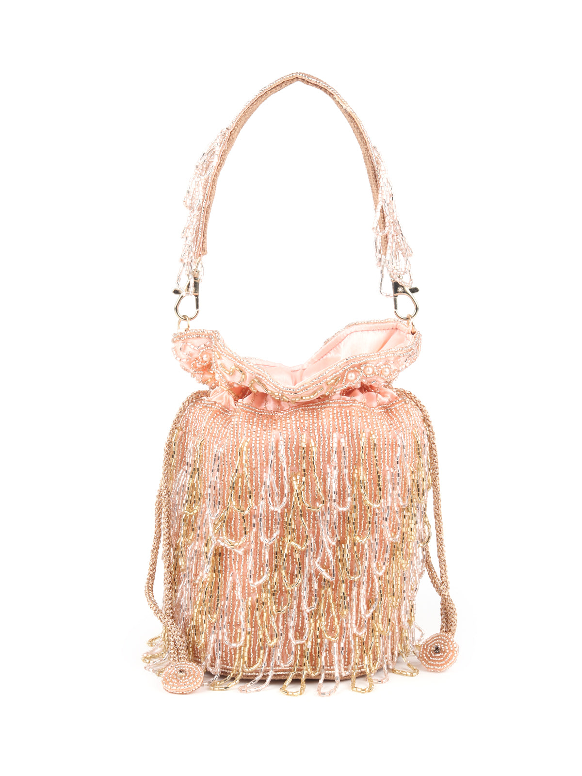 Odette Peach Beads Embroidered Tassels Potli Bag for Women