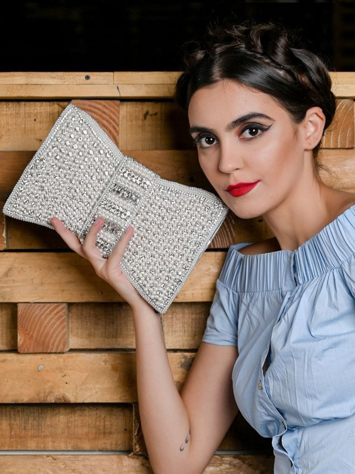 Odette White Pearl Beaded And Silver Rhinestone Clutch.