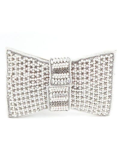 Odette White Pearl Beaded And Silver Rhinestone Clutch.