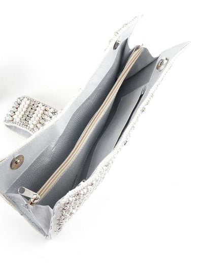 Odette White Pearl Beaded And Silver Rhinestone Clutch.