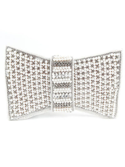 Odette White Pearl Beaded And Silver Rhinestone Clutch.