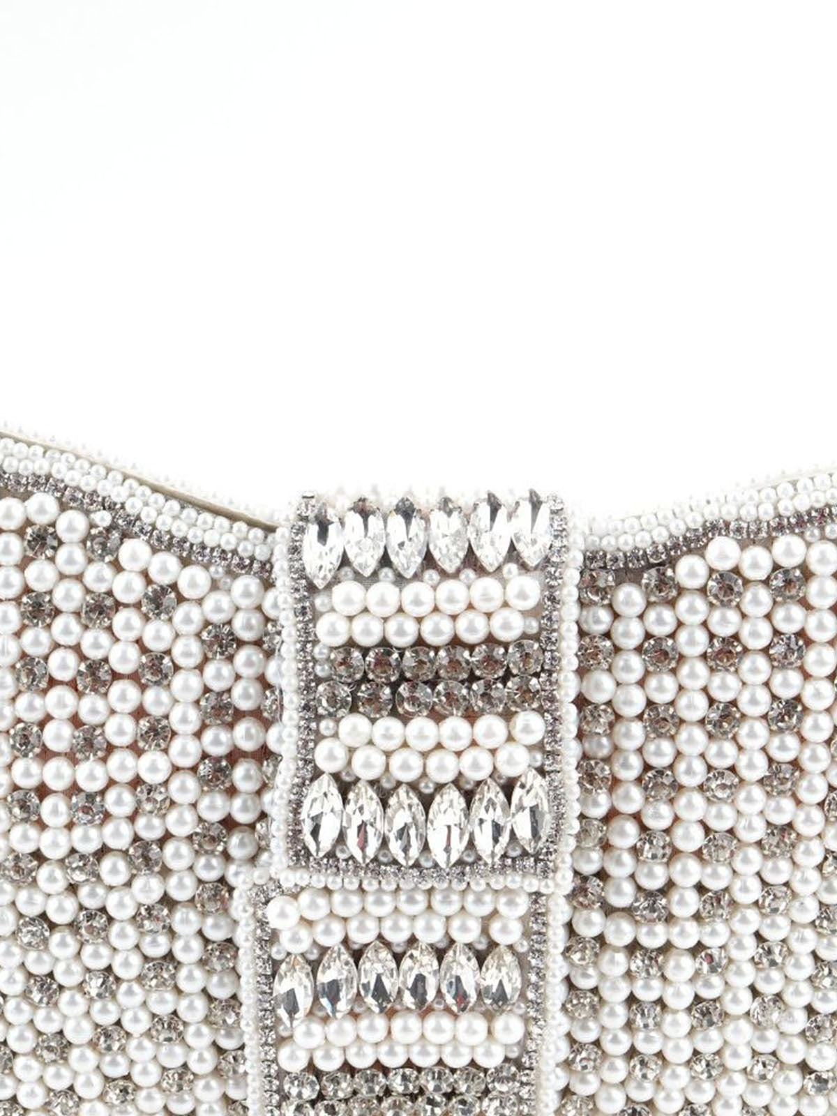 Odette White Pearl Beaded And Silver Rhinestone Clutch.