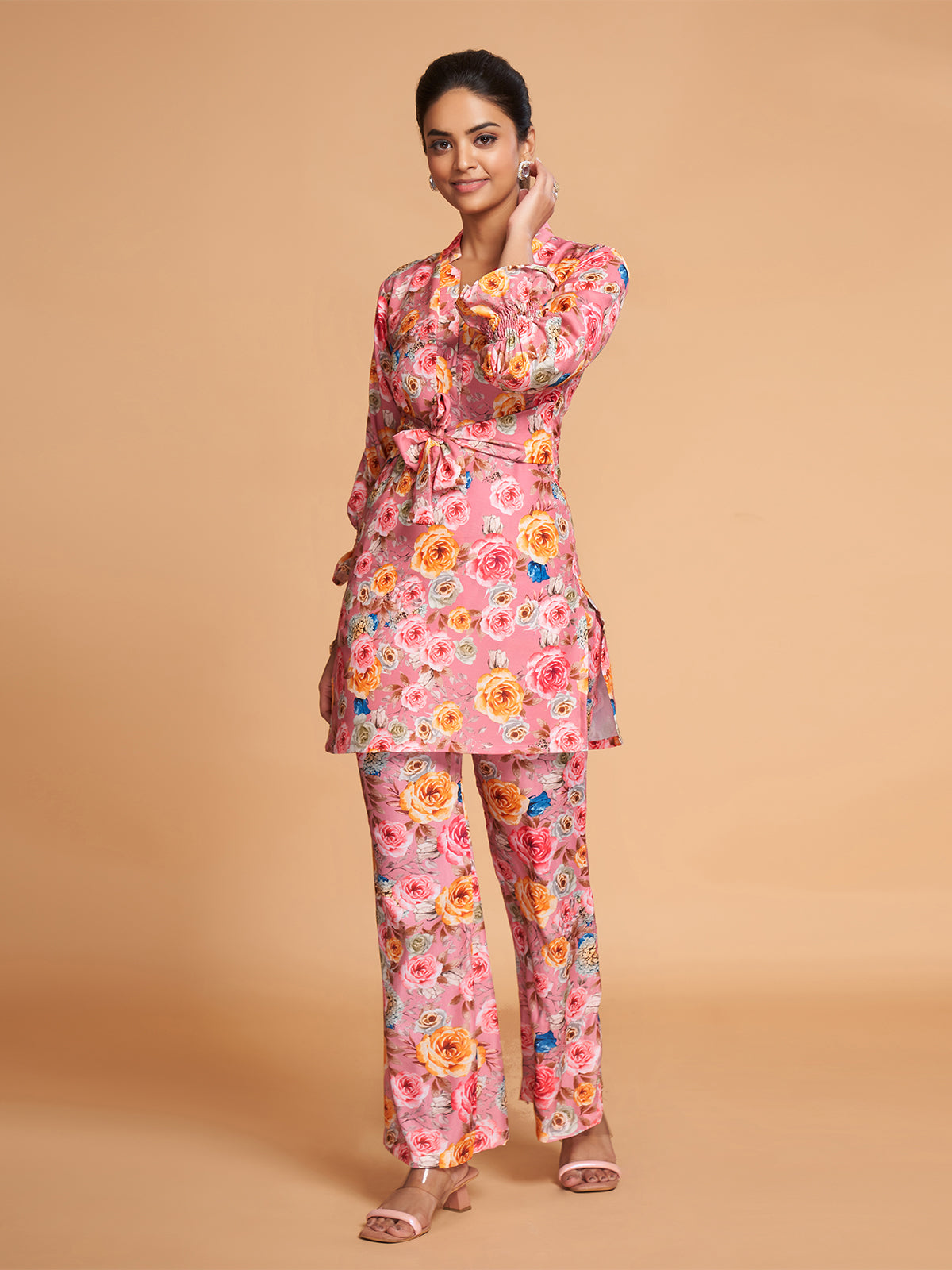 Pink Rayon Printed Stitched Co Ord