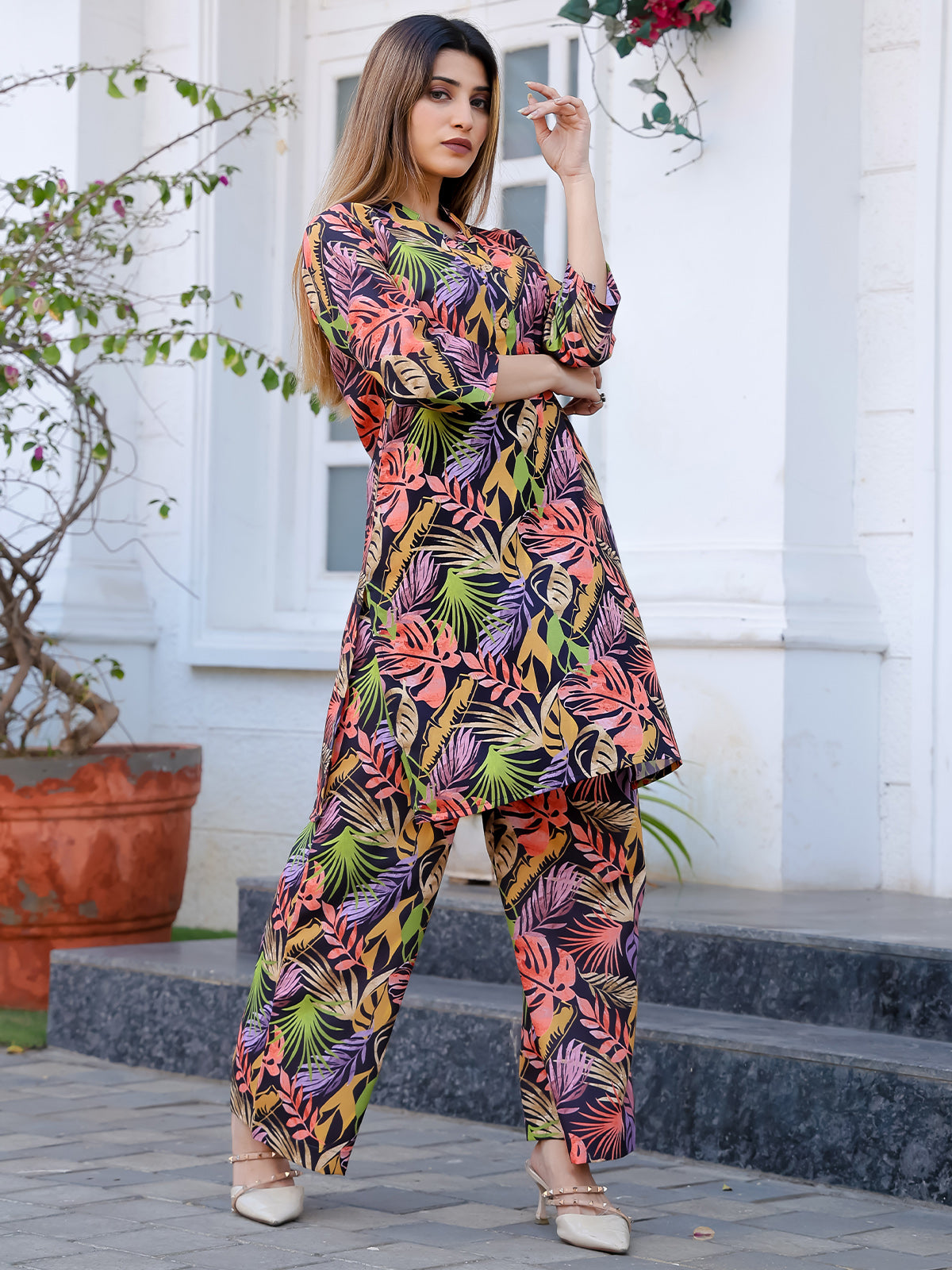 Odette Multicolor Cotton Printed Stitched Co Ord Set for Women